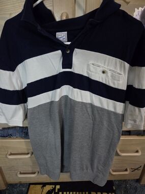 Haband Navy White Gray Striped Polo Shirt